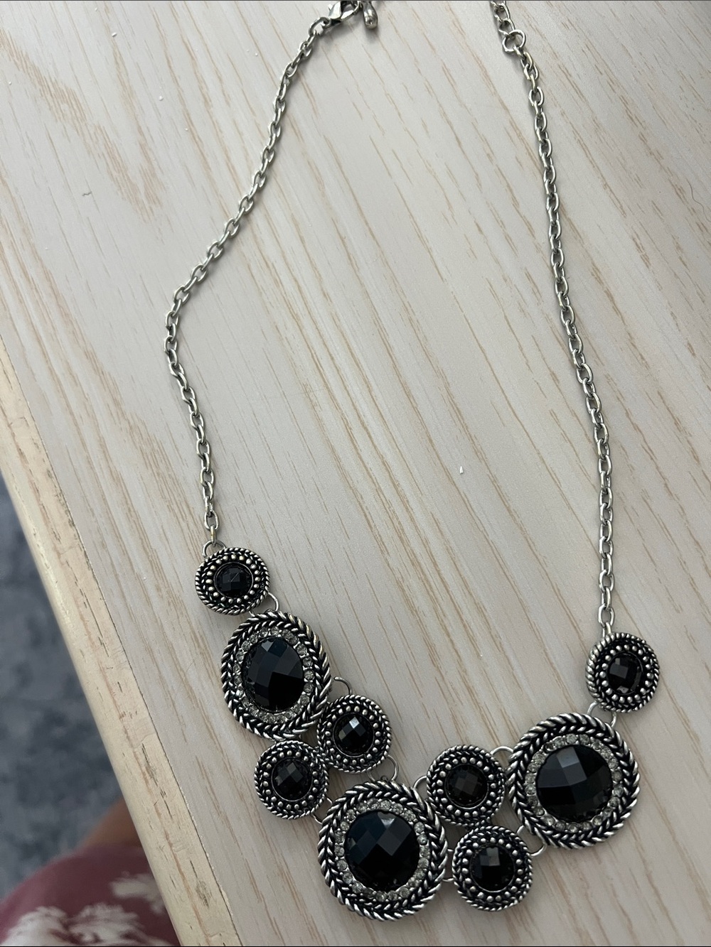 Silver-Tone Black Gem Statement Necklace